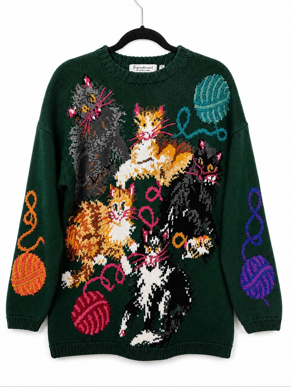 Vintage Northern Isles Cat Sweater Hand Knit Ramie Cotton XL Cottagecore Cats